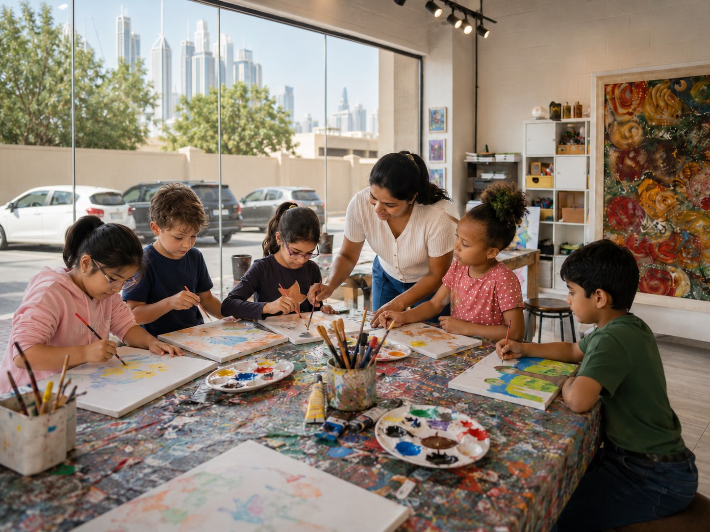 Children painting with an instructor at ISOAG art studio in Dubai