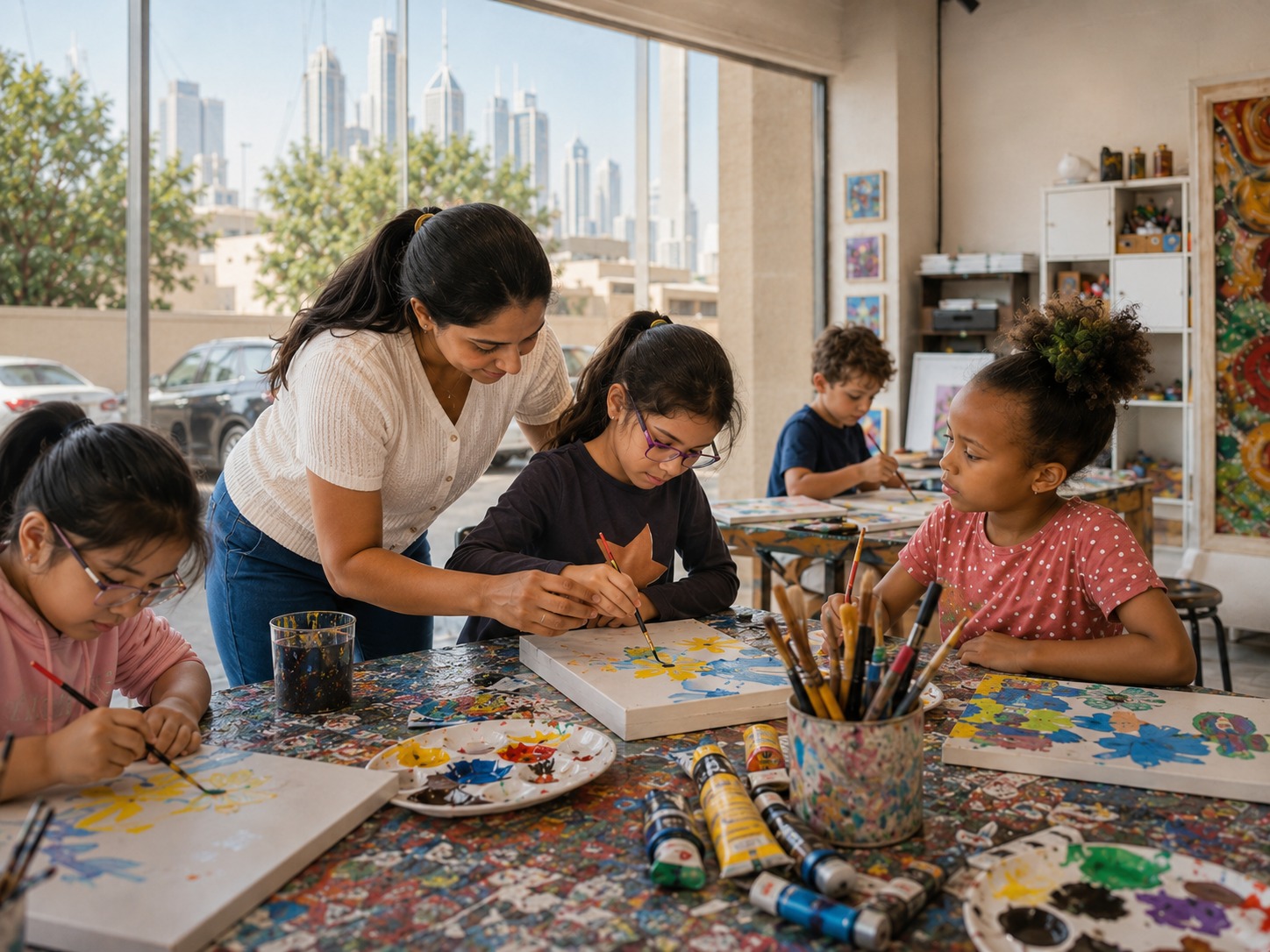 Children painting and drawing in a kids art class at ISOAG, Al Safa, Dubai